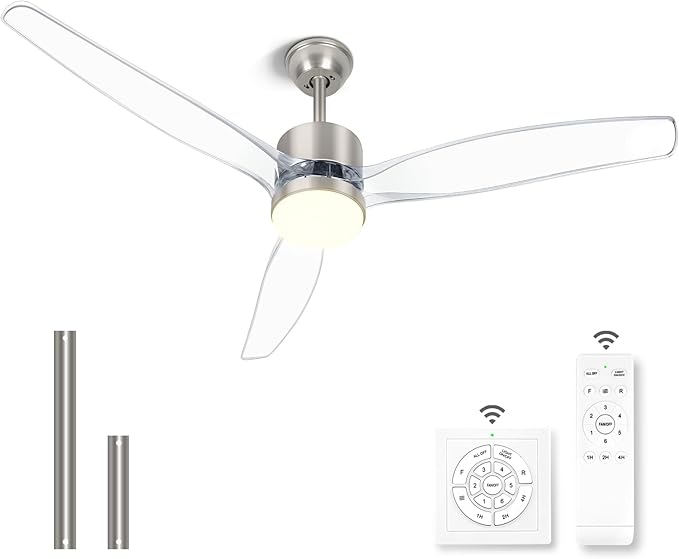 OKELI Clear Ceiling Fan with Light, 52 Inch Brushed Nickel Transparent Ceiling Fans with Light and Remote 3 Reversible Blade LED Ceiling Fan and Light Combo for Living Room, Bedroom, Patio