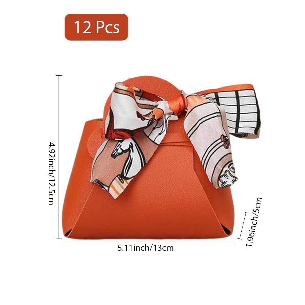 CALFOVERA 12 Pack Leather Purse Ribbon Candy Bags Orange PU Wedding Gift Treat Bags with Handle Ribbon Reusable Party Favor Boxes for Weddings Birthdays Christmas Halloween Party Decoration