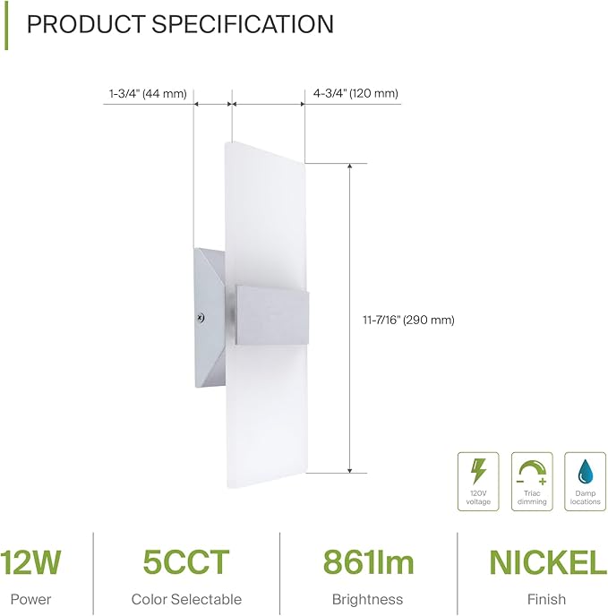 ASD 12 Inch LED Indoor Wall Sconce - Modern Interior 12W 2700K-5000K Adjustable Dimmable Wall Mounted Light Fixtures, Acrylic Glass Wall Lights for Stairway, Hallway - UL, Brushed Nickel