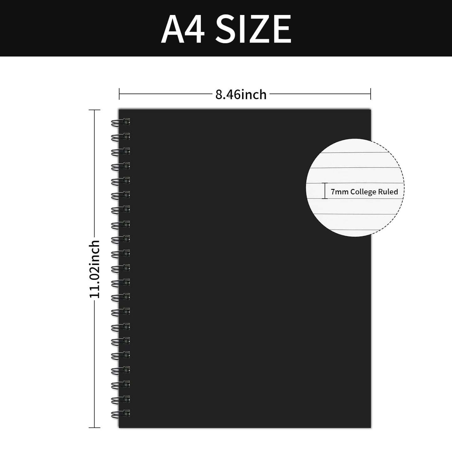 Ouzoustate Lined Spiral Notebook A4 Large Black Journal 8.5" x 11"-4 Pack 7mm College Ruled Hardcover Notebooks 160 Pages 100GSM Thick Paper for Note Taking School Office Supplies