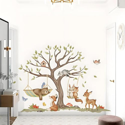 Jungle Animal Wall Stickers Big Tree Fox Sika Deer Safari Wall Decals Kid Room Nursery Baby Bedroom D?cor