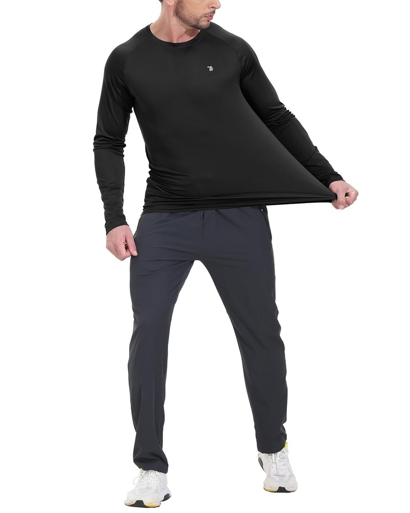 TBMPOY Men's Hiking Shirts Waterproof Dry Fit Athletic T-Shirts SPF Long Sleeve Safari Shirts Outdoor Work Swim Fishing Tops Black L