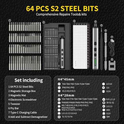 Mini Electric Screwdriver Set,3.7V Power Screwdriver Cordless Rechargeable,4 LED Lights,64 S2 Magnetic Bits,Magnetic Storage,Portable Repair Tool Kit for Electronics Watch Camera Phone Laptop (Grey)
