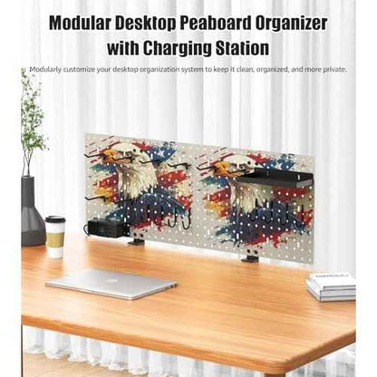 CCCEI Modular Pegboard Desk Organizer and Storage, Gaming Office Supplies Shelf Accessories with Outlets and USB, Metal Privacy Panels Peg board Deco Clamp on Table, Gifts for Men, 10FT.