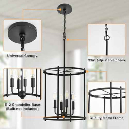Luvkczc 4-Light Black Chandelier, Industrial Black Lantern Ceiling Light Fixtures with Rustic Metal Cage Adjustable Height Farmhouse Geometric Hanging Light for Kitchen Island, Dining Room, Entryway