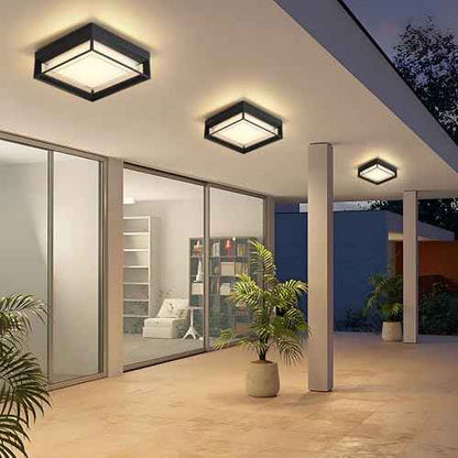 Square Flush Mount Outdoor LED Ceiling Light Fixture, 120V 24W 3000K 9 inch Medium Overhead Porch & Patio Lights Ceiling Mounted, Waterproof Suitable for Wet Areas, Black