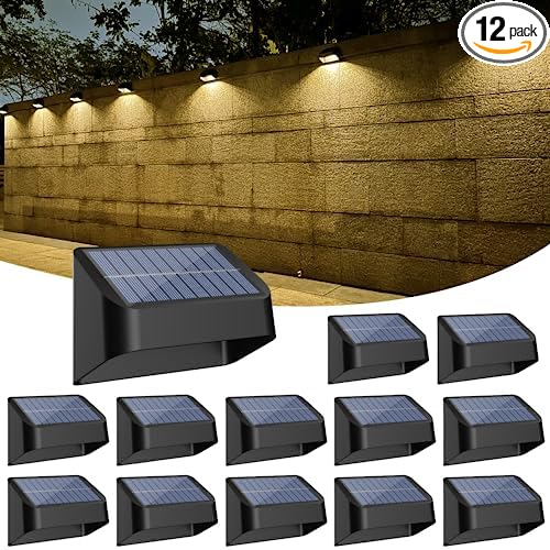 Brighter Solar Fence Lights,Solar Lights Outdoor Waterproof,Warm White and RGB 8 Colors,Dusk to Dawn Deck Light, Outdoor Lighting for Backyard/Railing/Wall/Step/Patio（12 Pack,Black）