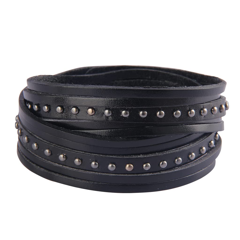 GelConnie Black Spike Leather Bracelet Rivet Cuff Bangle Multilayer Wrap Bracelets Punk Jewelry for Women, Men
