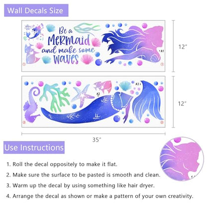 Yovkky Be a Mermaid Gradient Wall Decals Stickers, Under The Sea Ocean Creatures Starfish Seahorse Baby Nursery Decor, Beach Coastal Coral Conch Fish Bubble Home Decorations Girls Bedroom Playroom Art