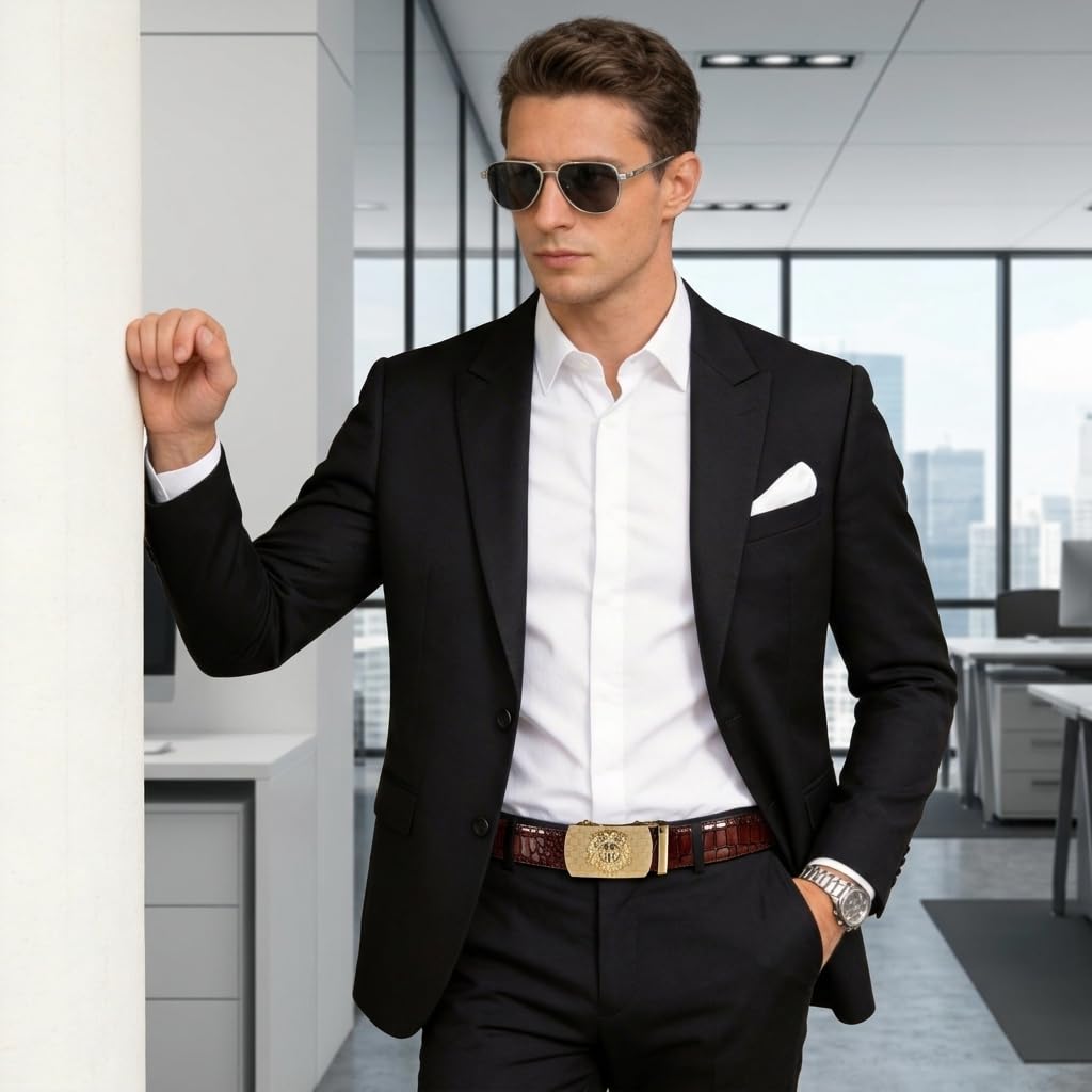 Dubulle Mens Belt Gold Ratchet Buckle Designer Vintage Brown Leather Strap Formal Dress Business Casual