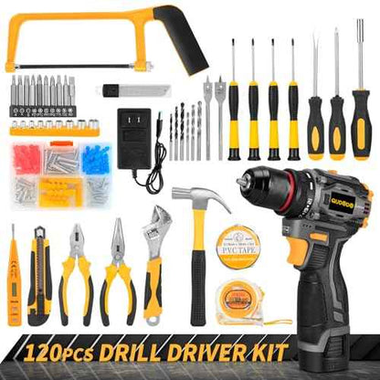 QUDODO Brushless Compact Drill Tool Set, 120PCS 45N. m 18V Cordless Drill Kit with 2 Battery, Woman Household Tool Kit with Electric Driver, Taladro Set with Inal?mbrico for Daily Home Basic Repair