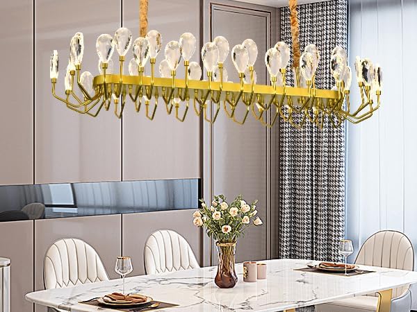 Modern Crystal Chandelier for Dining Room, Luxury Gold Rectangular Crystal LED Chandelier, Farmhouse Adjustable Pendant Ceiling Light for Living Room Kitchen Island L47.25