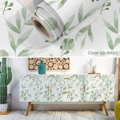Green Leaf Wallpaper,Vinyl Green and White Floral Peel and Stick Wallpaper Thicken Farhouse Neutral Wall Paper for Table Shelf Drawer Counter Top Cabinet Liner 17.7 x 118.1 inches
