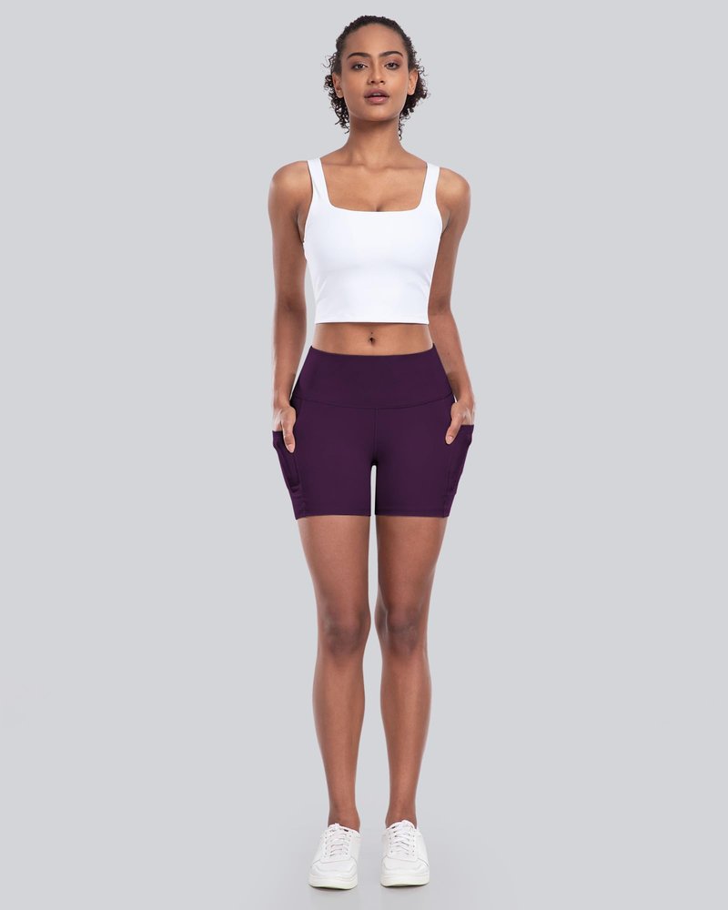 Womens Biker Yoga Shorts with Pocket, High Waisted Tummy Control 5 Inch Workout Spandex Athletic Gym Shorts(5” Purple,L)