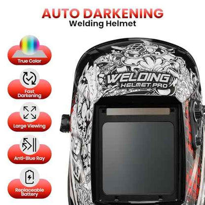 Welding Helmet Auto Darkening True Color Solar Powered Hood with Adjustable Wide Shade Range 4/9-13 for Mig Tig 1/25000s Response Time 4 Arc Sensor JRP070 Welder Mask (Punishment)