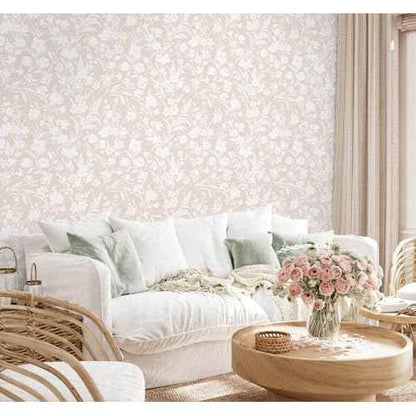 LiKiLiKi Peel and Stick Wall Paper Khaki and White Floral Wallpaper Modern Boho Self Adhesive Waterproof Removable Contact Paper for Living Room Bedroom Bathroom Cabines Kitchen Vinyl Roll 17.3"x118"
