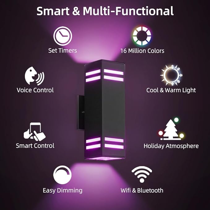 SHIMR Smart Outdoor Lights Color Changing 2 Pack, RGB+2700K-6500K Outdoor Wall Sconce Square Aluminum Exterior Lighting Fixtures Waterproof, APP Control Up and Down Lights [ETL Listed]
