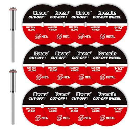 12Pcs Cut Off Wheels, 1-1/2'' Fiberglass Reinforced Cutting Wheel Discs with 2Pcs Mandrels Rotary Tool Accessories for Cutting Metal, Wood, Stone