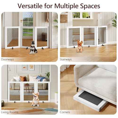 Freestanding Dog Gate Indoor, Foldable Wooden Pet Gate for The House Stairs Doorways, 4 Panels Tall Dog Fence with Support Feet, 59.5"W x 31.5"H, Extra Wide Step Over Fence, White DGHW80101