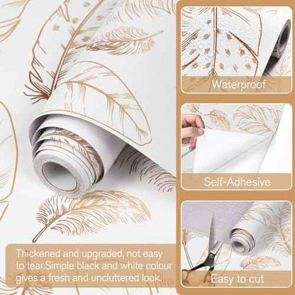 White Peel and Stick Wallpaper 17.7"x80" Feather Wallpaper Removable Modern Vinyl Wall Paper Waterproof Contact Paper for Bedroom Living Room