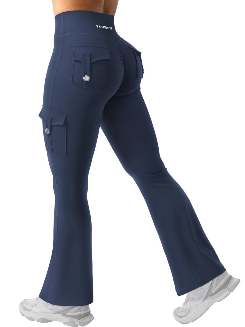 YEOREO CoreFlex Women Workout Flare Leggings with Pockets Scrunch Cargo Gym Yoga Leggings Blue Navy XL
