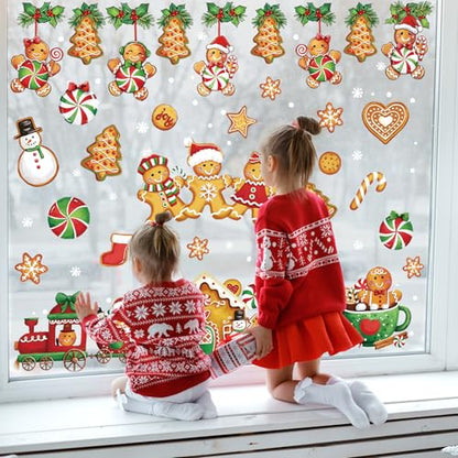 Christmas Wall Stickers Gingerbread Man House Xmas Tree Wall Stickers Peel and Stick Large Room Mural Decals for Winter Home Party Decoration, 8 Sheets