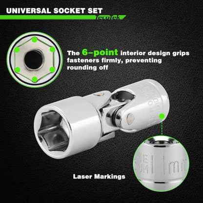 19-Piece 1/4-Inch Drive Universal Joint Socket Set, Swivel Socket Set, 6-Point, SAE (3/16" to 9/16") and Metric (5mm to 15mm), CR-V, Universal Flex Socket for Easier Access to Tight Spaces