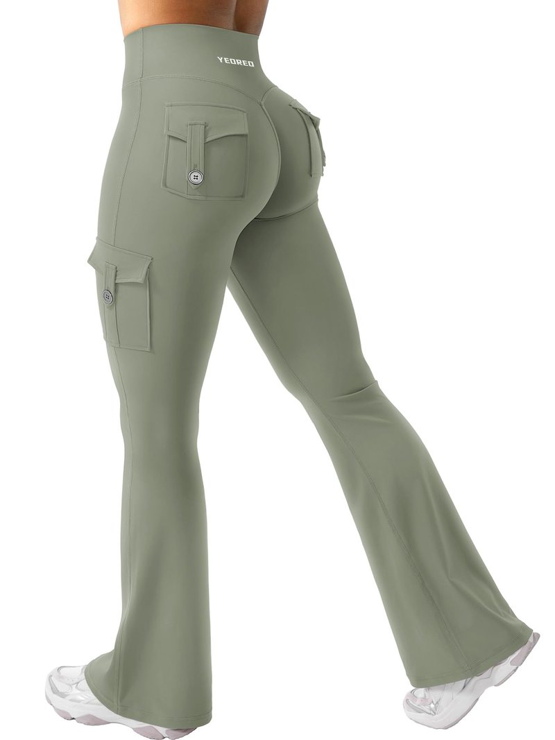 YEOREO CoreFlex Women Workout Flare Leggings with Pockets Hidden Scrunch High Waisted Cargo Gym Yoga Leggings Light Army Green XXL