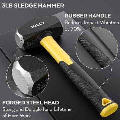 INCLY 8PCS Geology Rock Pick Equipment Kit, 3lb Sledge & 32oz Rock Hammer with 3PCS Concrete Chisel, Safety Goggles, Jewelers Loupe, Rock Hounding Equipment for Splitting, GoldMining, Stone Breaking