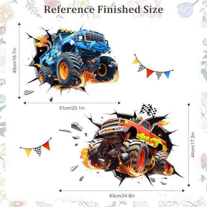 3D Crazy Racing Wall Decals, Truck Vehicles Wall Stickers Ball Games Peel and Stick Decal Self Adhesive Sticker for Boys Kids Room Home Decor