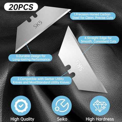 Utility Knife Blades for Gerber Utility Knife, 20 Pack Replacement Blades, Durable SK5 Steel Heavy Duty Box Cutter, Non-Rusting with Plastic Case, for Most Standard Utility Knives