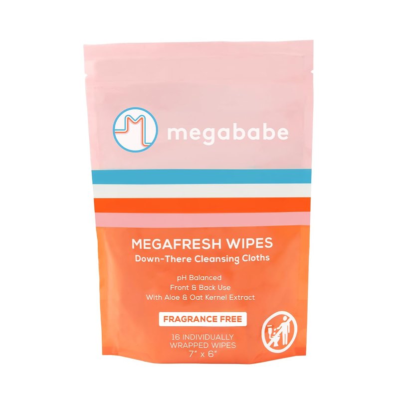 Megababe Megafresh Wipes | Unscented Cleansing Wipes for the Intimate Area | Summer and Hot Weather Essential | pH Balanced, Front & Back Use | 16 Individually Wrapped Wipes (Pack of 1)