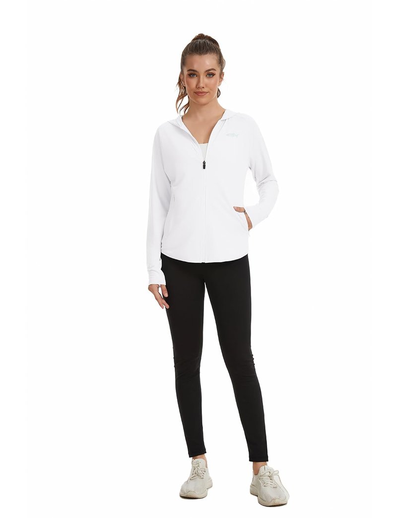 DEHORU Women UPF 50+ Sun Protection Hoodie Jacket Lightweight Zip Up Long Sleeve Shirts Hiking Outdoor with Pocket (WT M)