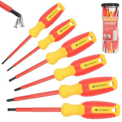 Amartisan 1000V Insulated Electrician Screwdriver Set 6-Piece, 3 Phillips and 3 Slotted Tips Professional Cushion Grip Screwdriver Set