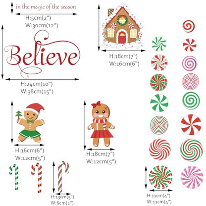 Runtoo Christmas Wall Decals Merry Christmas Peppermint Candy Cane Gingerbread Xmas Quotes Ornaments Window Clings Removable DIY Holiday Glass Floor Sticker Bedroom Door Decor