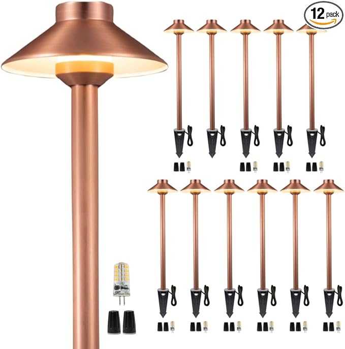 Gardenreet Waterproof Low Voltage Walkway Lights, Brass Copper Outdoor Pathway Light, IP65 LED Bronze Hat Top Sideway Lamp for Driveway Backyard Patio with 3W 270LM 5000K G4 Bulb 12 Pack