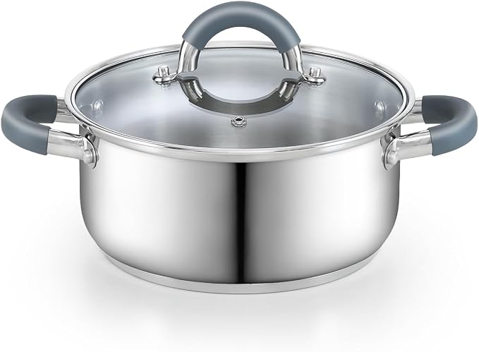 Cook N Home Basics 3 Quart Stainless Steel Stock Pot with Lid, Cooking Pot for Pasta, Soup, Stay-Cool Silicone Handle, Stockpot with Even Heating, Oven Safe, Cookware for Canning, Boiling, Simmer