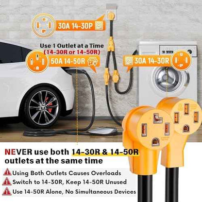 MECMO 4 Prong Modern Dryer to EV Charger Y Splitter, NEMA 14-30P to 14-50R & 14-30R Dual Outlets Adapter Cord 2ft for EV Car Charging, Newer Dryers & RVs - ONE Device at A TIME (Max 30A Shared)
