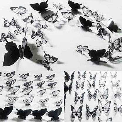 Ewong 3D Butterfly Wall Decor - 66Pcs Black Butterfly Decoration Party Cake Decorations - Removable Waterproof Wall Decal Birthday Home Room Decor Bathroom Bedroom Sticker & Murals