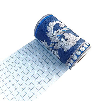 Self Adhesive 3D Blue Flower Waterproof Wallpaper Border Peel and Stick for Bathroom Kitchen Counter Top Tiles Sticker 10CM by 5M (Blue)