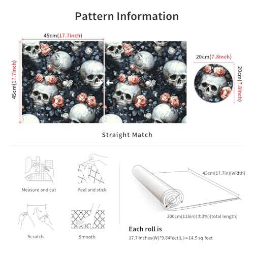 17.7"x118.1" Gothic Peel and Stick Floral Skull Wallpaper Sugar Skull Floral Vinyl Wallpaper for Bedroom Grey Black Pink Removable Accent Wall Decorations