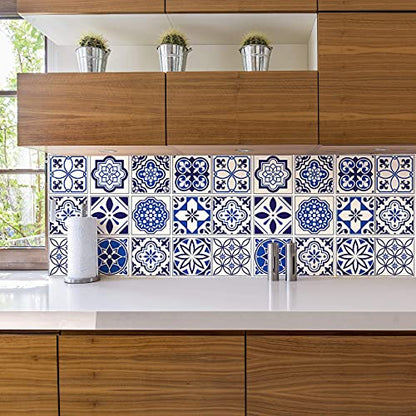 WALPLUS 24pcs 6" Peel and Stick Vinyl Backsplash Tiles Stickers Tile Paint Removable Waterproof Self-Adhesive Decals Vinyl Home Kitchen Bathroom Spring Easter Decoration (Spanish & Moroccan Blue)