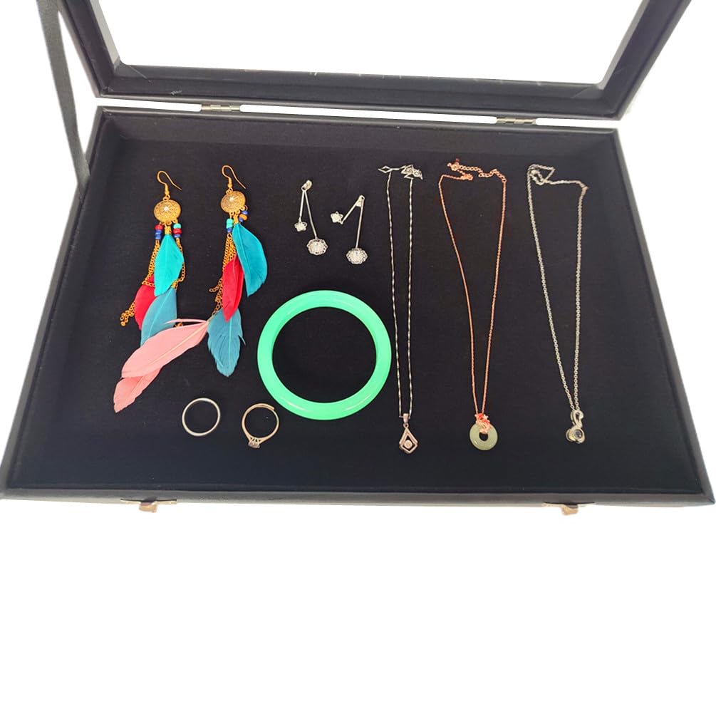 Wooden Jewelry Organizer Tray Box with Clear Lid, Travel Rectangle Organization Storage Box with Metal Clasp, Velvet Blank Jewelry Display Case for Necklaces Bracelets Rings Accessories (Black)