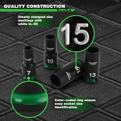 3/8-Inch Drive 12-Point Metric Semi-Deep Impact Socket Set, Mid-Length Socket Set, 7mm to 19mm, CR-MO, Stamped and Ink Filled Size Marking, 13-Piece