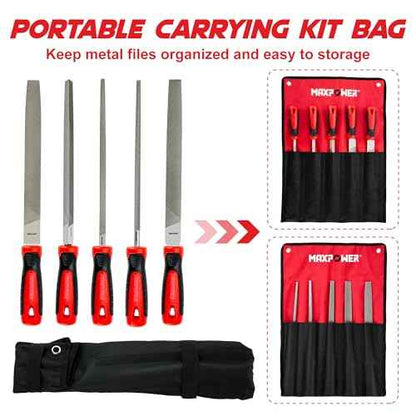 MAXPOWER 10-inch Metal File Set, 5 Pieces Hand Files Including Flat, Round, Half-Round, Triangle and Square, Soft Grip Handle, File Set for Wood, Metal Work and DIY