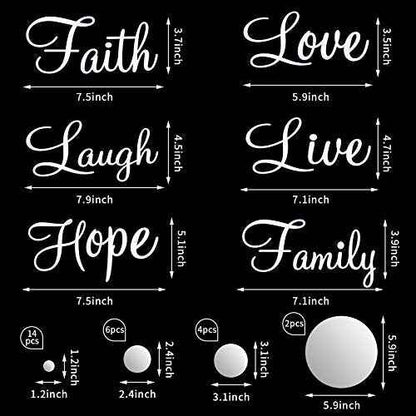Zonon 3D Acrylic Mirror Wall Decor Stickers 6 Word DIY Faith Live Laugh Hope Love Family Mirror Wall Decor 26 Solid Circle Stickers for Home Bedroom Office(Silver)