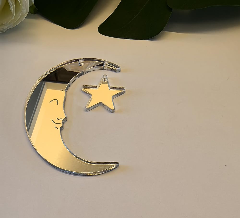 Set of 20 Crescent Moon and Star,Christmas Moon and Star Hanging Ornament for Window &Christmas Tree Decoration (Siver Mirror)