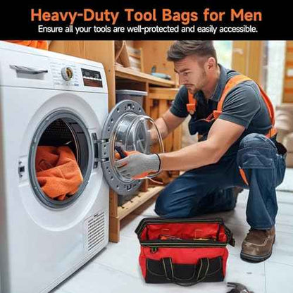 4 Pcs Tool Bags for Men, Heavy Duty Waterproof Tool Tote Bags with Shoulder Straps, Multi Pockets Tool Organizers with Wide Mouth and Hard Bottom for Electrician, Carpenter