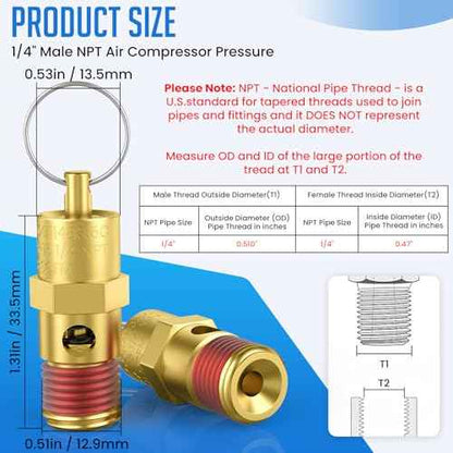 2 Pcs 1/4" NPT(M) 200 PSI Air Compressor Pressure Relief Valve, Brass Safety Valve for Air Compressor (Tank Pop Off)