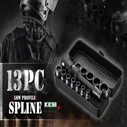 KESI Tool Socket Set 13-Piece, 1/4" Dr Quick Release Ratchet, SAE/Metric, Flex Locking Head Design, 12-piece 1/4" Dr Low Profile Spline, 72 Tooth Ratchet and Compact Paint Metal Case, Multi-function